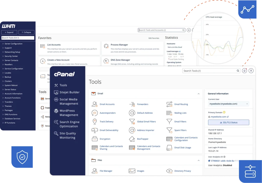 cPanel general interface with management tools