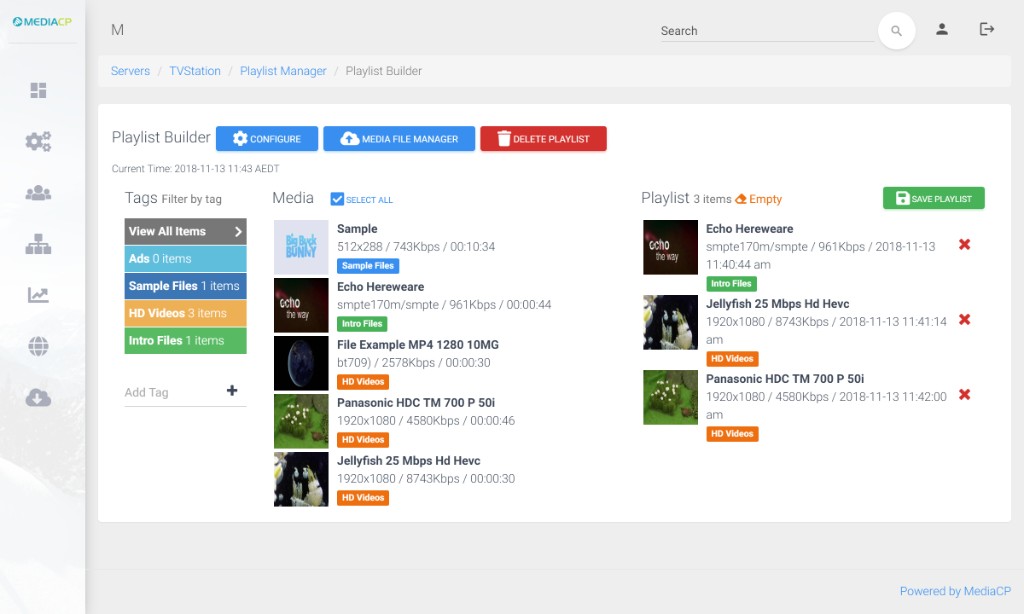 TV station playlist builder with media library in MediaCP