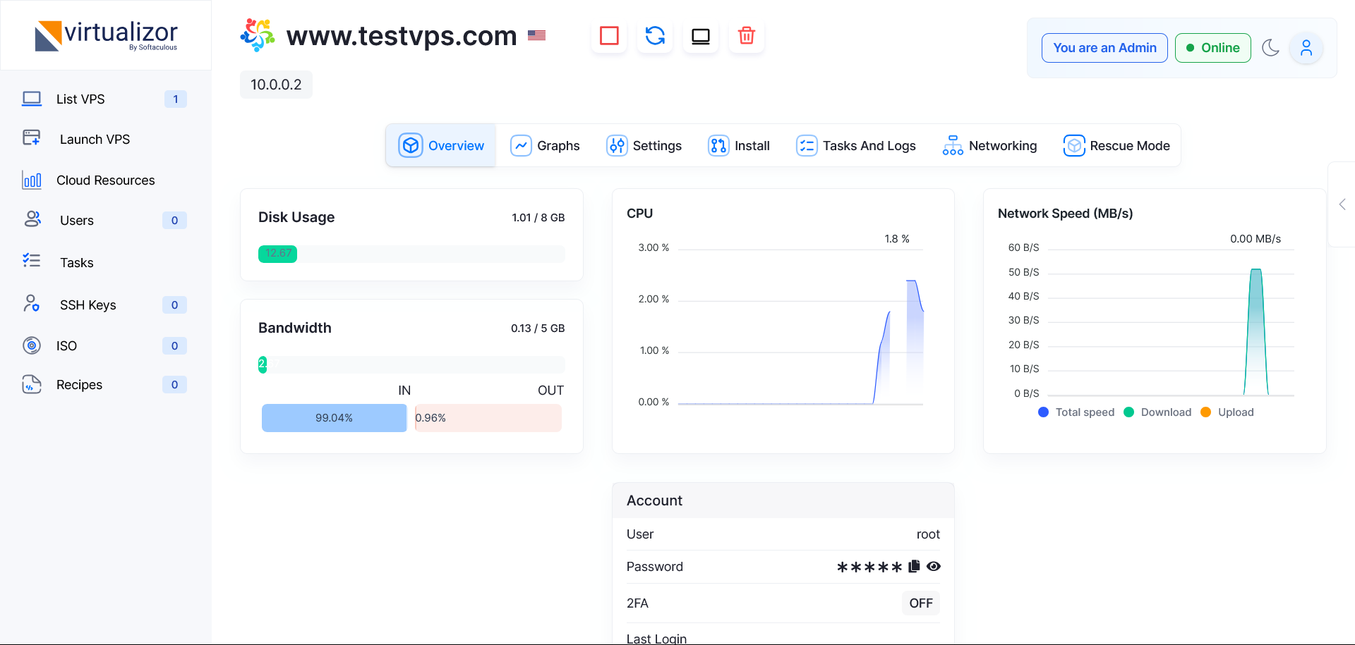 Virtualizor end-user panel listing VPS instances and actions